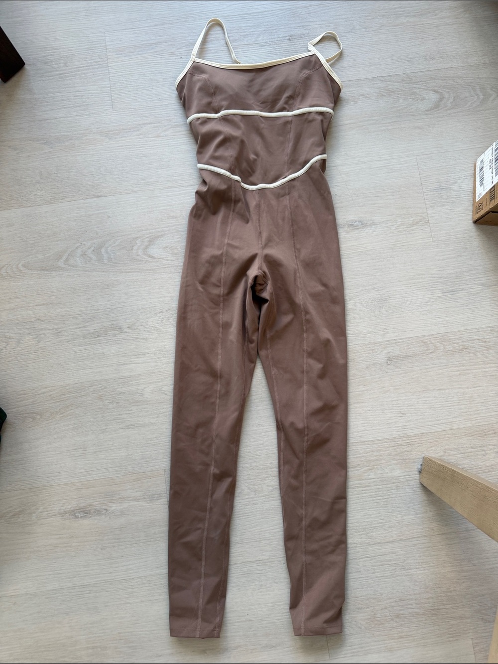 l*space Brown Spaghetti-Strap Jumpsuit with Cream Trim